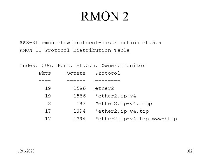 RMON 2 RS 8 -3# rmon show protocol-distribution et. 5. 5 RMON II Protocol