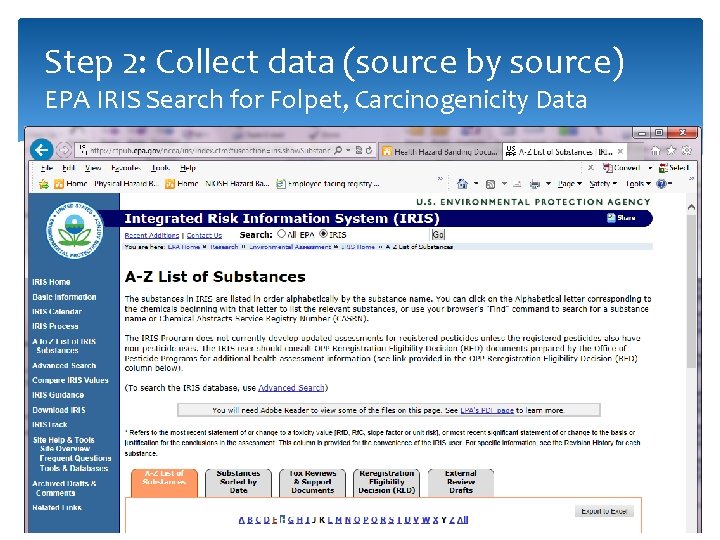 Step 2: Collect data (source by source) EPA IRIS Search for Folpet, Carcinogenicity Data
