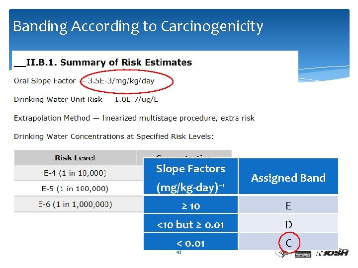 Banding According to Carcinogenicity Slope Factors (mg/kg-day)− 1 Assigned Band ≥ 10 E <10
