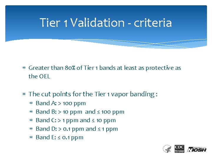 Tier 1 Validation - criteria Greater than 80% of Tier 1 bands at least