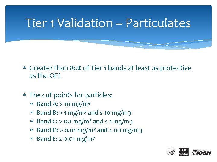 Tier 1 Validation – Particulates Greater than 80% of Tier 1 bands at least