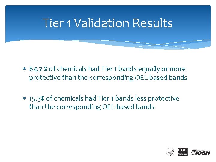 Tier 1 Validation Results 84. 7 % of chemicals had Tier 1 bands equally