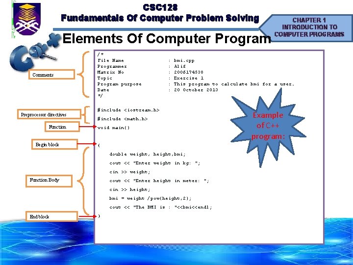 CSC 128 Fundamentals Of Computer Problem Solving Elements Of Computer Program Comments Preprocessor directives