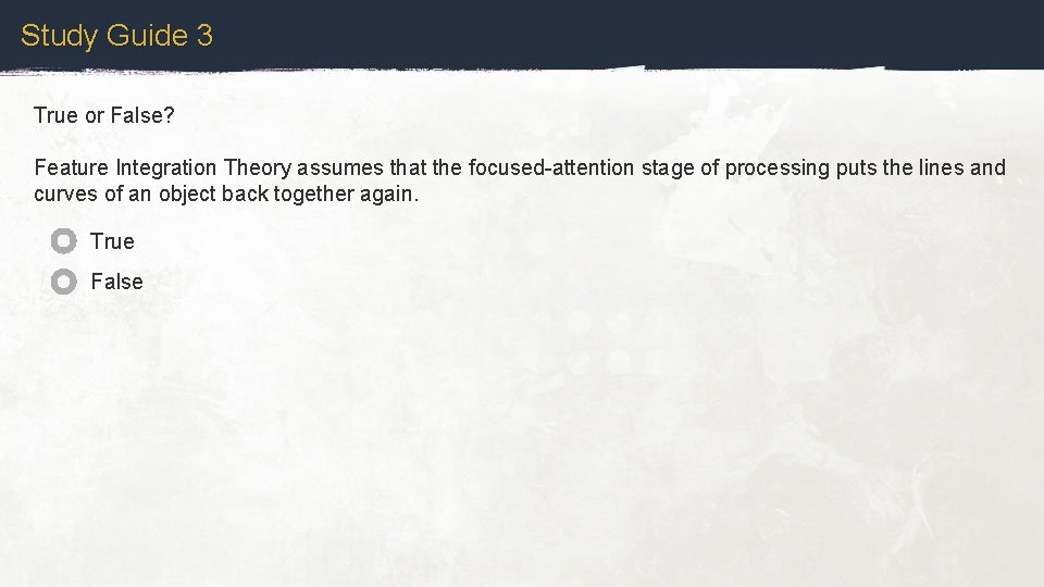 Study Guide 3 True or False? Feature Integration Theory assumes that the focused-attention stage