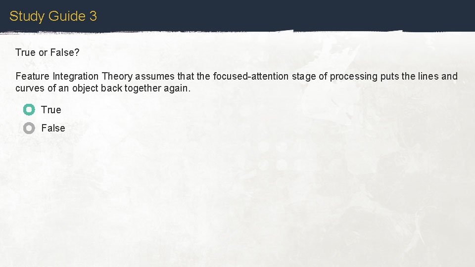 Study Guide 3 True or False? Feature Integration Theory assumes that the focused-attention stage