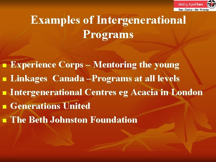 Examples of Intergenerational Programs n n n Experience Corps – Mentoring the young Linkages