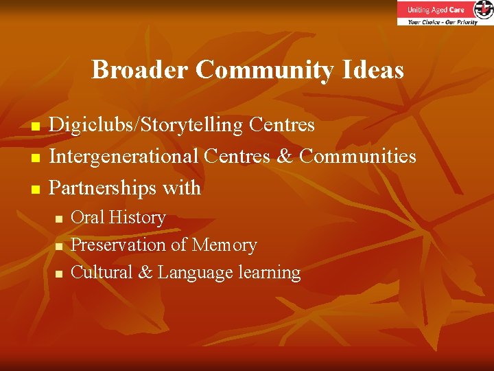 Broader Community Ideas n n n Digiclubs/Storytelling Centres Intergenerational Centres & Communities Partnerships with