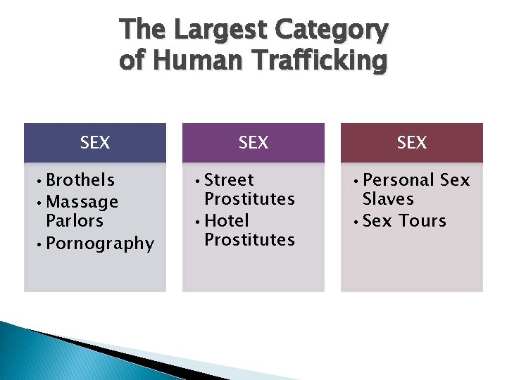 The Largest Category of Human Trafficking SEX • Brothels • Massage Parlors • Pornography