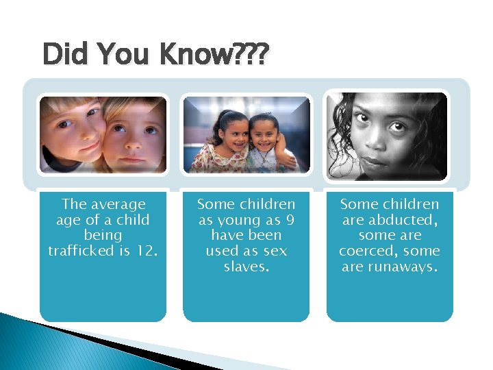 Did You Know? ? ? The average of a child being trafficked is 12.