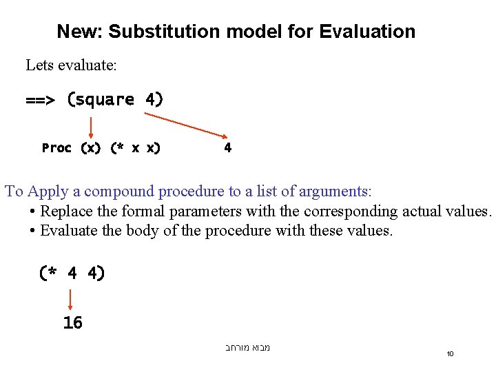 New: Substitution model for Evaluation Lets evaluate: ==> (square 4) Proc (x) (* x