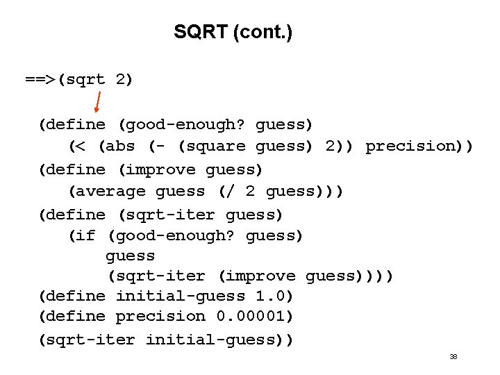 SQRT (cont. ) ==>(sqrt 2) (define (good-enough? guess) (< (abs (- (square guess) 2))