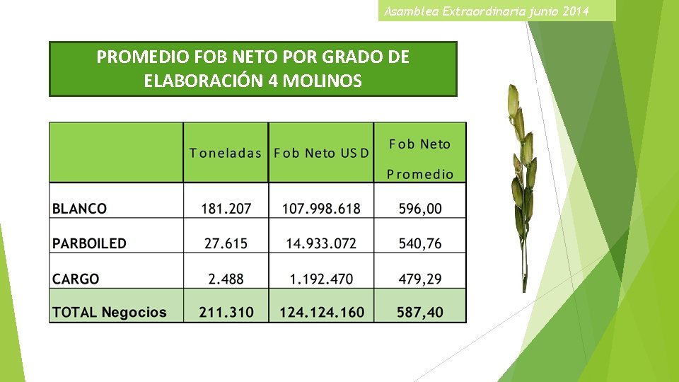 Asamblea Extraordinaria junio 2014 PROMEDIO FOB NETO POR GRADO DE ELABORACIÓN 4 MOLINOS 