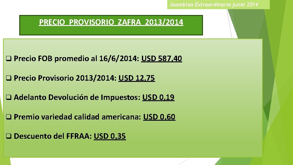 Asamblea Extraordinaria junio 2014 PRECIO PROVISORIO ZAFRA 2013/2014 q Precio FOB promedio al 16/6/2014: