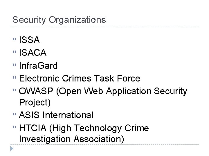 Security Organizations ISSA ISACA Infra. Gard Electronic Crimes Task Force OWASP (Open Web Application Security Organizations ISSA ISACA Infra. Gard Electronic Crimes Task Force OWASP (Open Web Application