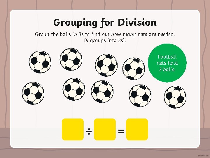 Grouping for Division Group the balls in 3 s to find out how many