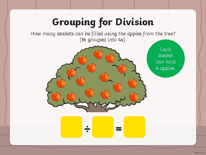 Grouping for Division How many baskets can be filled using the apples from the