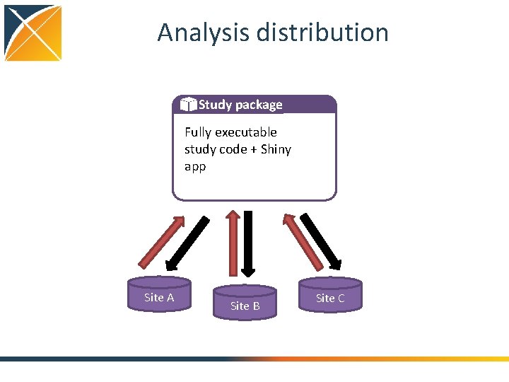 Analysis distribution Study package Fully executable study code +s Shiny app Site A Site