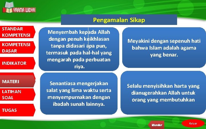 Pengamalan Sikap STANDAR KOMPETENSI DASAR INDIKATOR MATERI LATIHAN SOAL TUGAS Menyembah kepada Allah dengan