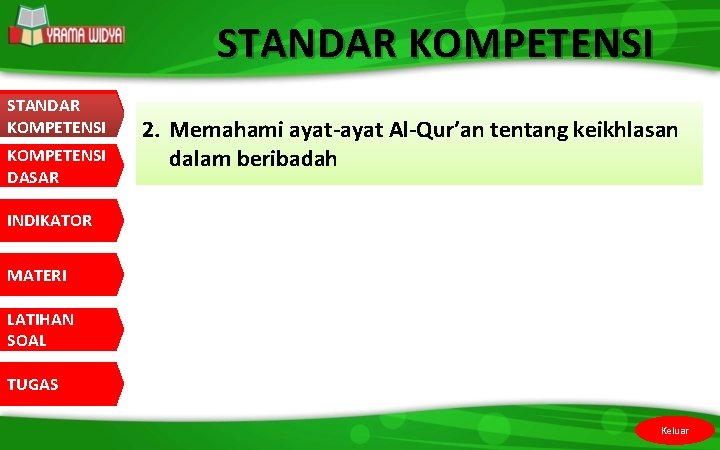 STANDAR KOMPETENSI KOMPETENSI DASAR 2. Memahami ayat-ayat Al-Qur’an tentang keikhlasan dalam beribadah INDIKATOR MATERI