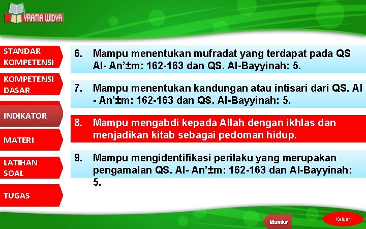 STANDAR KOMPETENSI DASAR INDIKATOR MATERI LATIHAN SOAL 6. Mampu menentukan mufradat yang terdapat pada