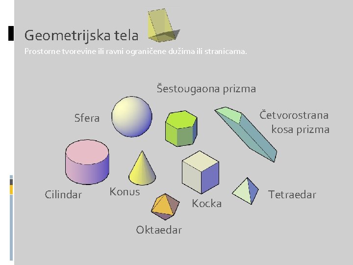 Geometrijska tela Prostorne tvorevine ili ravni ograničene dužima ili stranicama. Šestougaona prizma Četvorostrana kosa