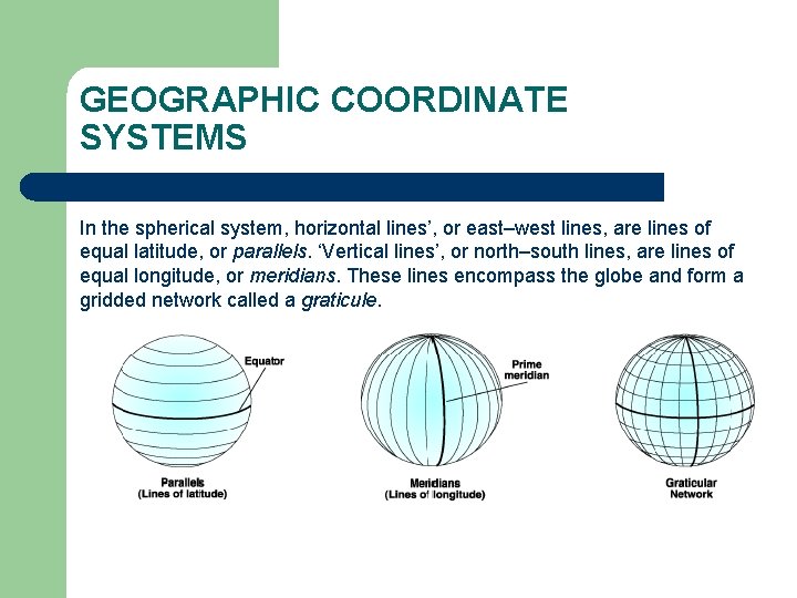 GEOGRAPHIC COORDINATE SYSTEMS In the spherical system, horizontal lines’, or east–west lines, are lines