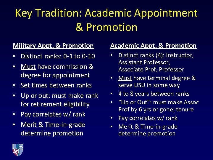 Key Tradition: Academic Appointment & Promotion Military Appt. & Promotion Academic Appt. & Promotion