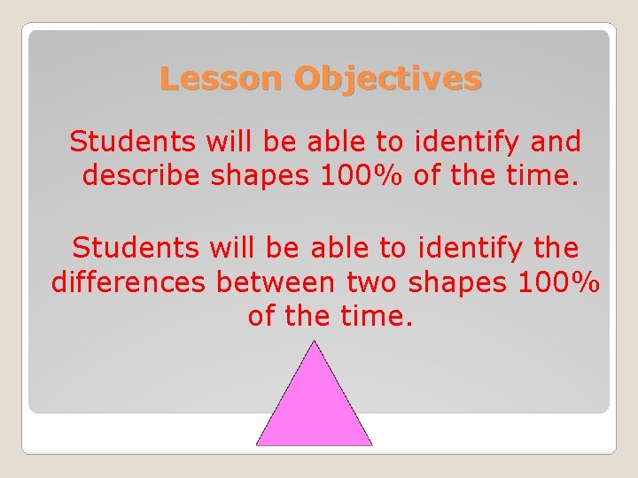 Lesson Objectives Students will be able to identify and describe shapes 100% of the