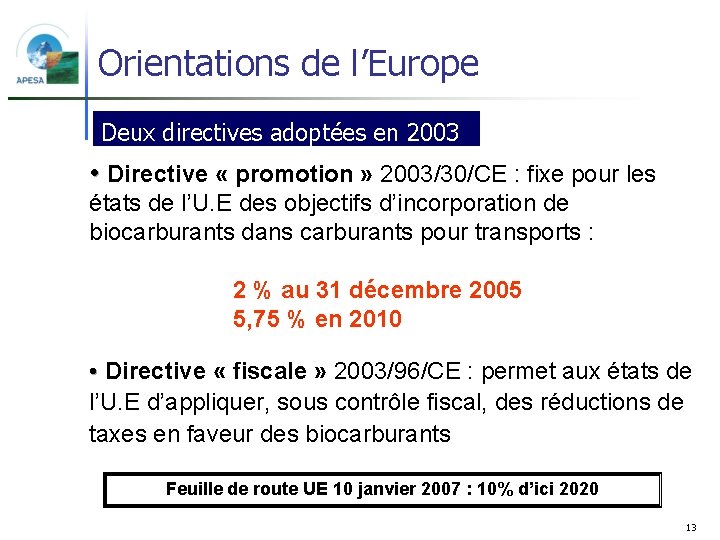 Orientations de l’Europe Deux directives adoptées en 2003 • Directive « promotion » 2003/30/CE