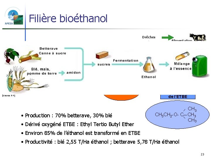 Filière bioéthanol Drêches Alimentation animale Centrifugation Distillation Isobutylène [Source IFP] • Production : 70%