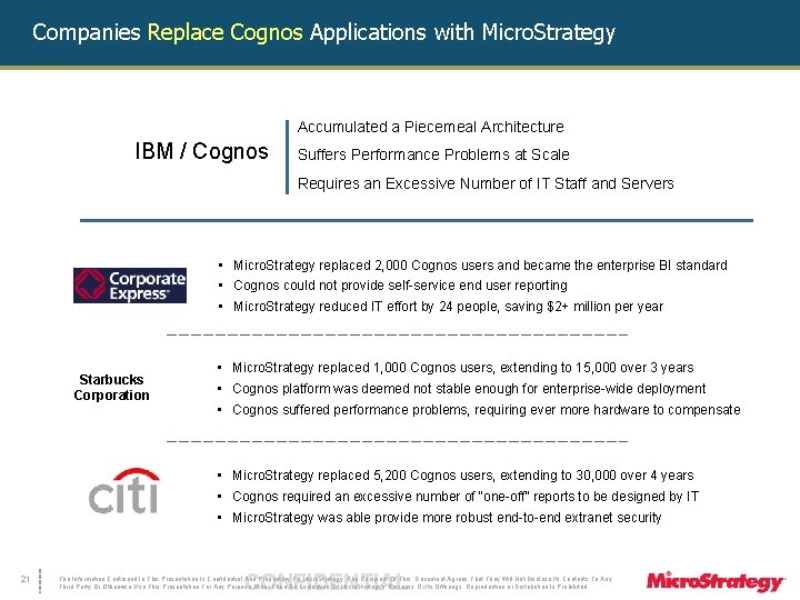 Companies Replace Cognos Applications with Micro. Strategy Accumulated a Piecemeal Architecture IBM / Cognos