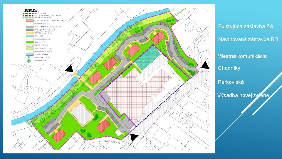 Existujúca zástavba ZŠ Navrhovaná zástavba BD Miestna komunikácia Chodníky Parkoviská Výsadba novej zelene 