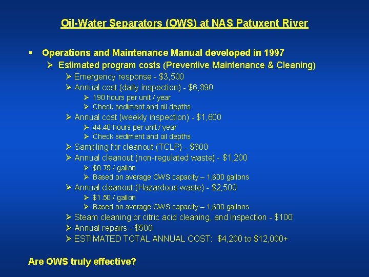 Oil-Water Separators (OWS) at NAS Patuxent River § Operations and Maintenance Manual developed in