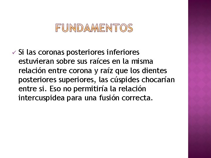 ü Si las coronas posteriores inferiores estuvieran sobre sus raíces en la misma relación