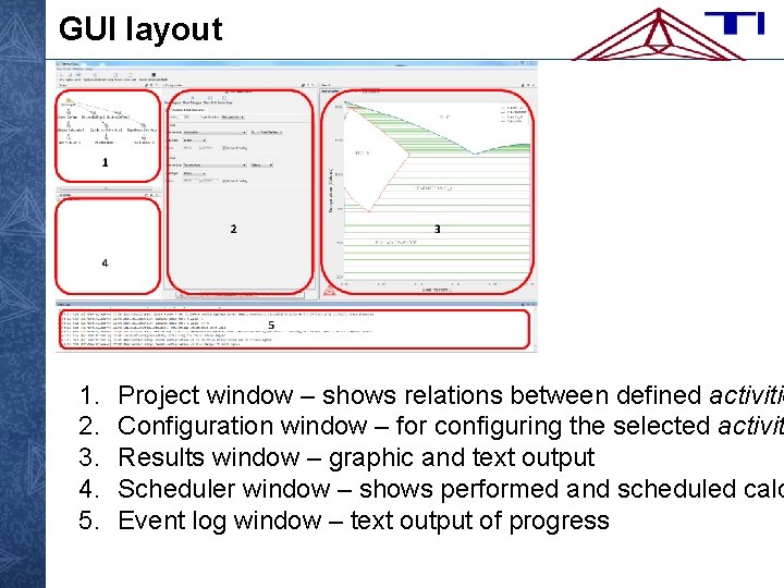 GUI layout 1. 2. 3. 4. 5. Project window – shows relations between defined