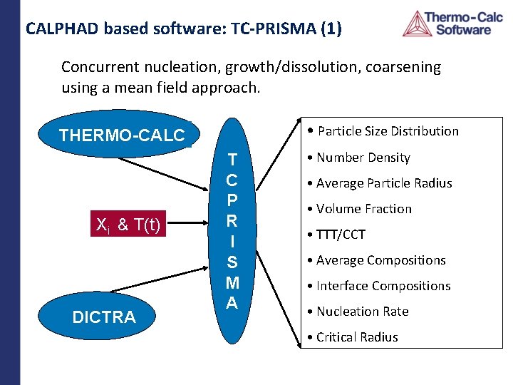 CALPHAD based software: TC-PRISMA (1) Concurrent nucleation, growth/dissolution, coarsening using a mean field approach.