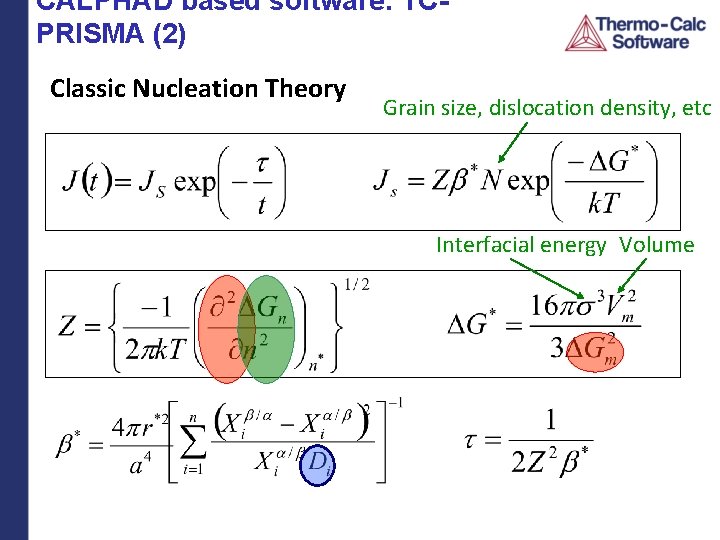 CALPHAD based software: TCPRISMA (2) Classic Nucleation Theory Grain size, dislocation density, etc Interfacial