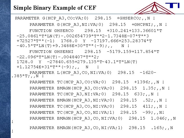 Simple Binary Example of CEF PARAMETER G(HCP_A 3, CO: VA; 0) 298. 15 +GHSERCO;