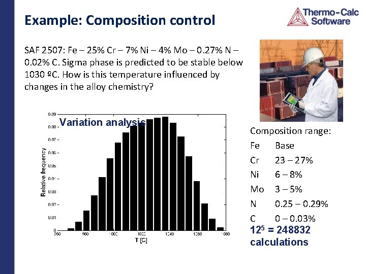 Example: Composition control SAF 2507: Fe – 25% Cr – 7% Ni – 4%