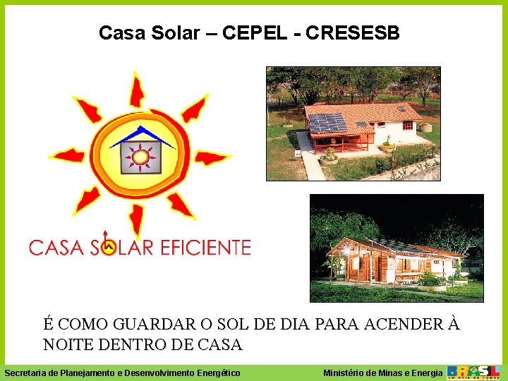 Casa Solar – CEPEL - CRESESB É COMO GUARDAR O SOL DE DIA PARA
