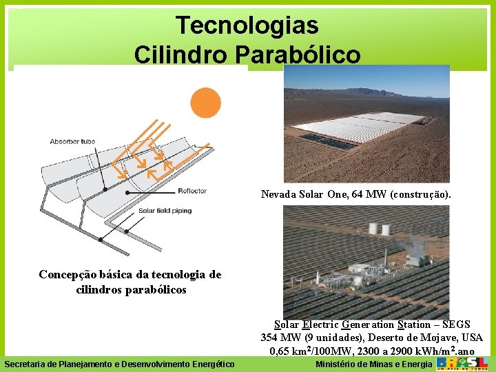 Tecnologias Cilindro Parabólico Nevada Solar One, 64 MW (construção). Concepção básica da tecnologia de