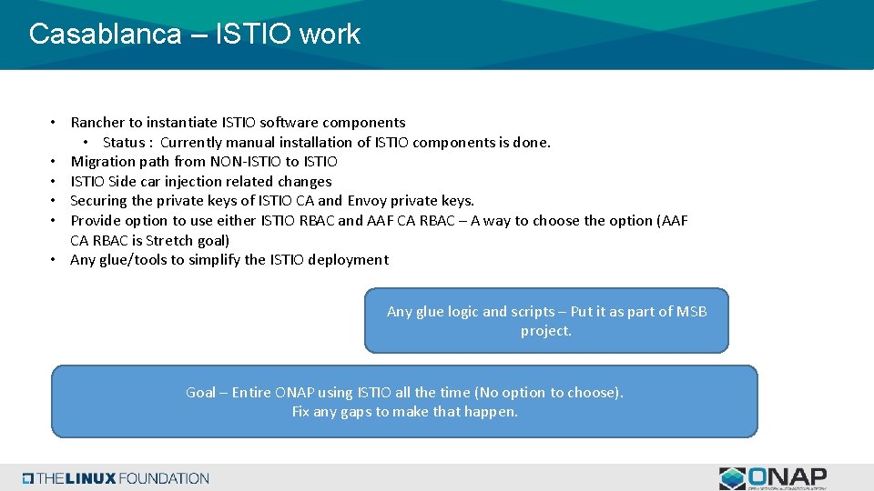 Casablanca – ISTIO work • Rancher to instantiate ISTIO software components • Status :