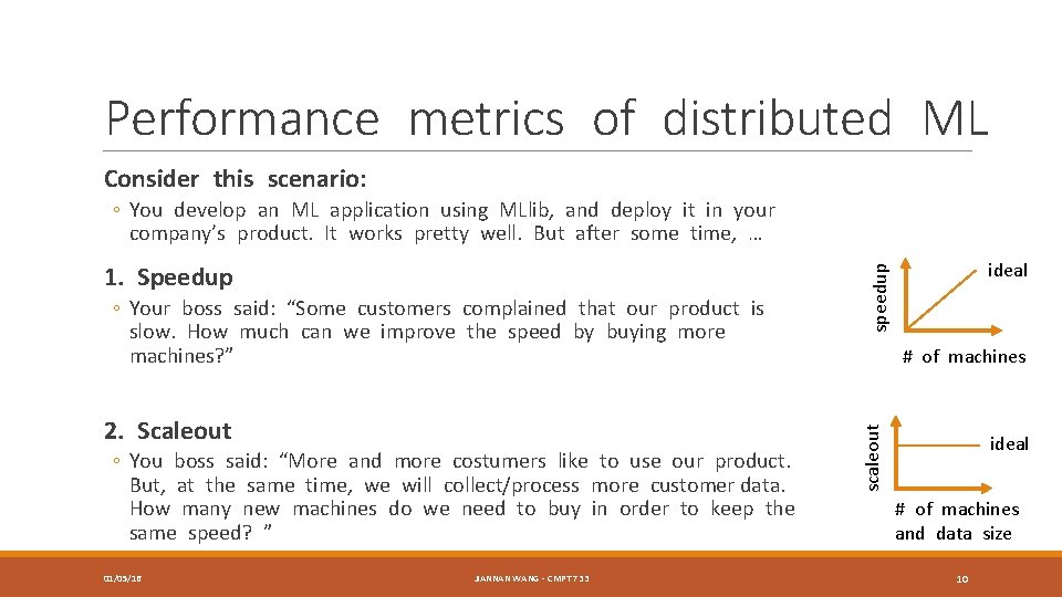 Performance metrics of distributed ML Consider this scenario: ◦ You develop an ML application