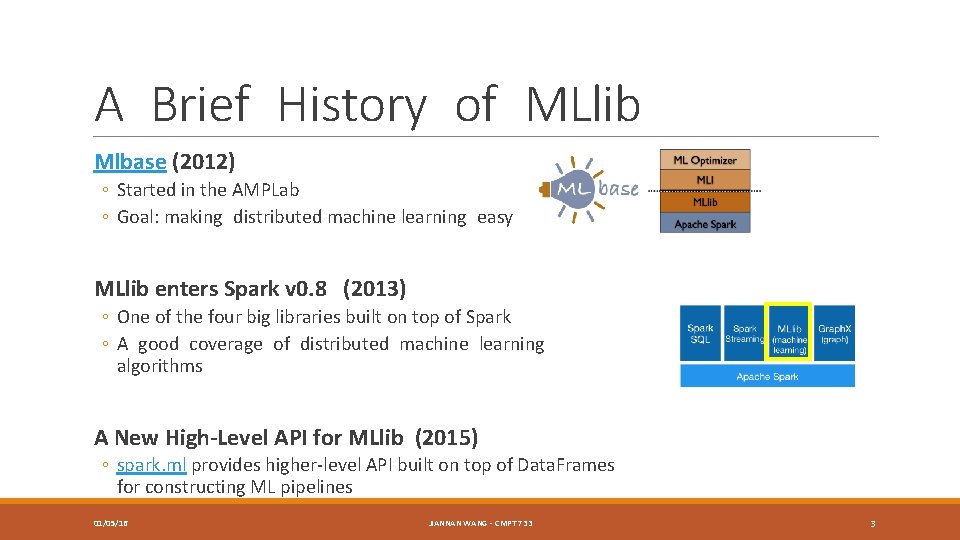 A Brief History of MLlib Mlbase (2012) ◦ Started in the AMPLab ◦ Goal: