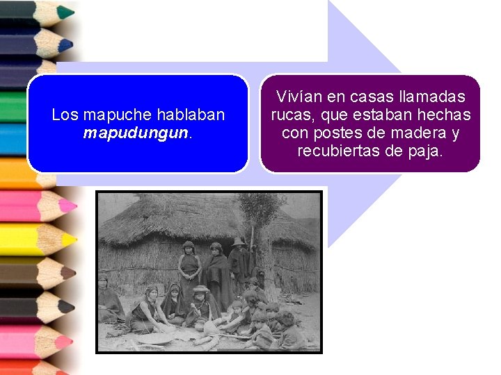 Los mapuche hablaban mapudungun. Vivían en casas llamadas rucas, que estaban hechas con postes