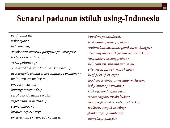 Senarai padanan istilah asing-Indonesia peat: gambut; pain: nyeri; list: senarai; accelerator control: pengatur pemercepat;