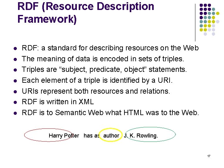 RDF (Resource Description Framework) l l l l RDF: a standard for describing resources