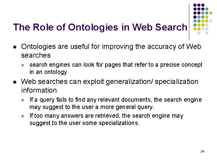 The Role of Ontologies in Web Search l Ontologies are useful for improving the