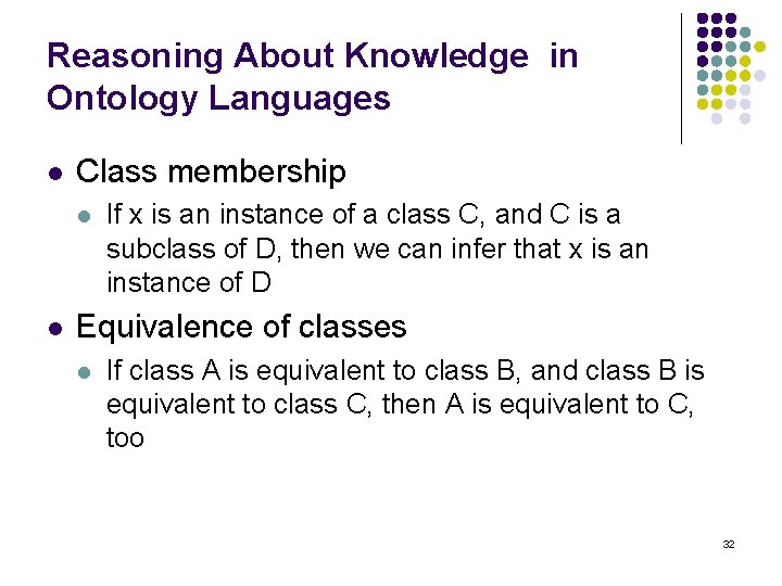 Reasoning About Knowledge in Ontology Languages l Class membership l l If x is