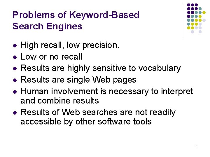 Problems of Keyword-Based Search Engines l l l High recall, low precision. Low or